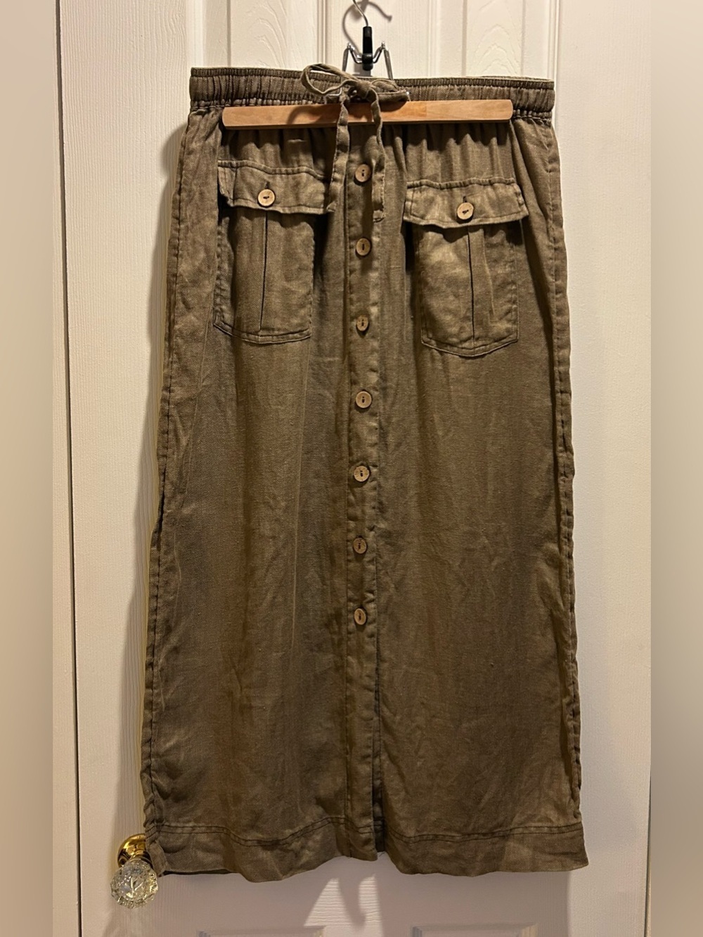 Nicole Miller New York 100% linen Button-Front Olive Green Midi Skirt - medium